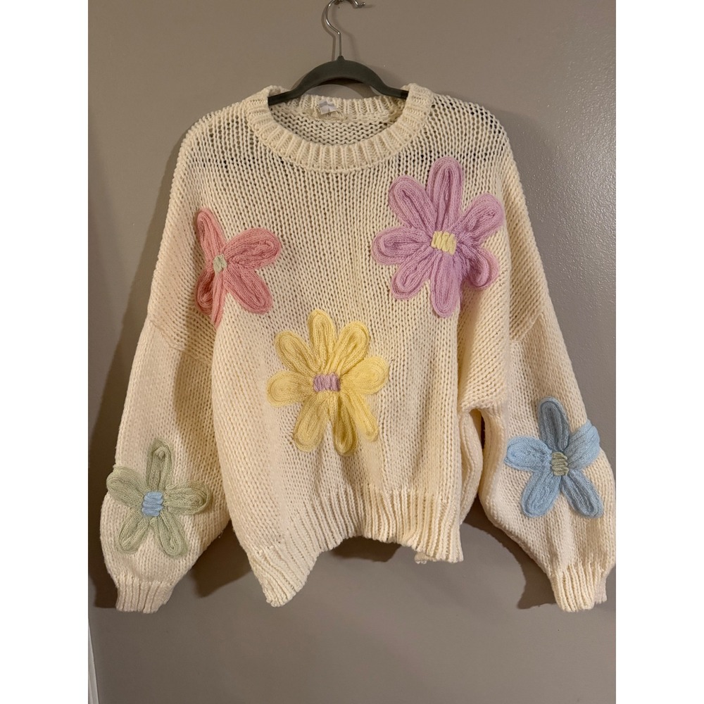 Urban Daizy Women Cream Chunky Knit Sweater 3D Pastel Floral Applique SM